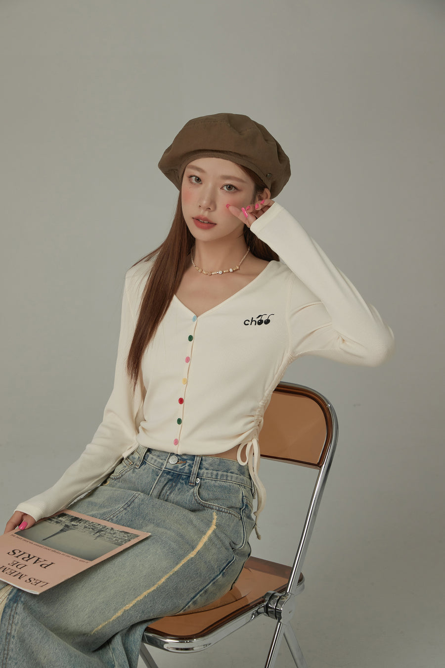 CHUU V- Neck Rainbow Button Logo Tie Up Top