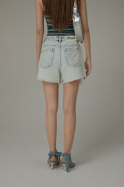 Exposed Logo Pocket Liner Distressed Denim Shorts