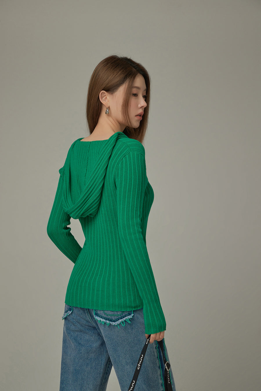 CHUU Slit Ribbed Hood Knit Sweater