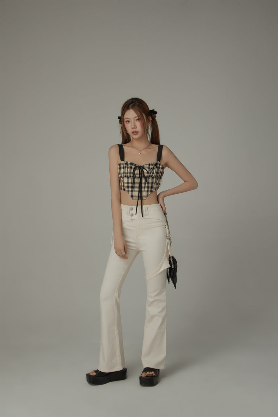 CHUU Check Ribbon Sleeveless Bustier Top