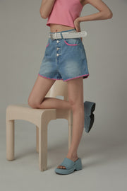 Color Line Button Denim Shorts