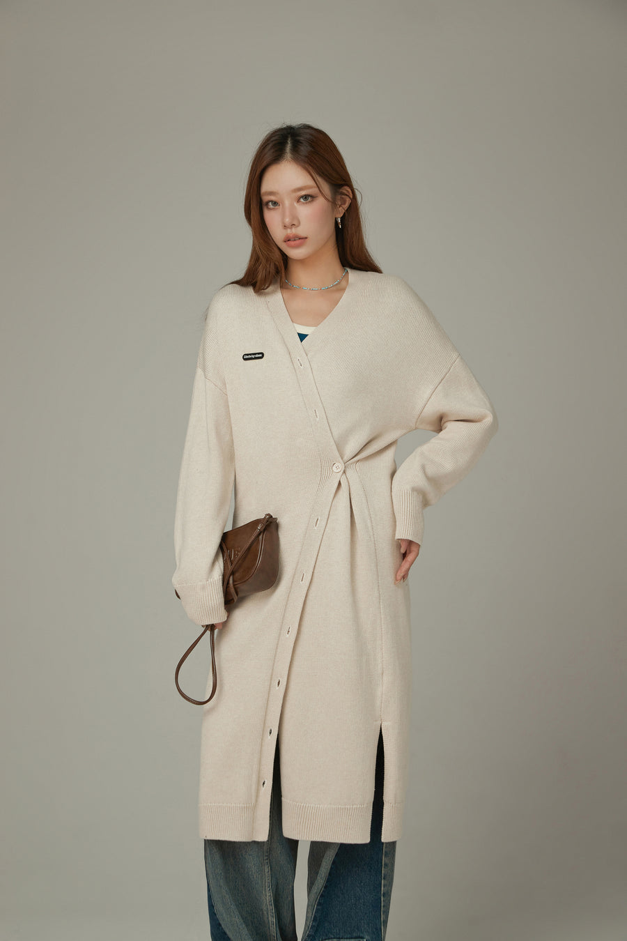 CHUU Slit Wrap Button Knit Long Cardigan