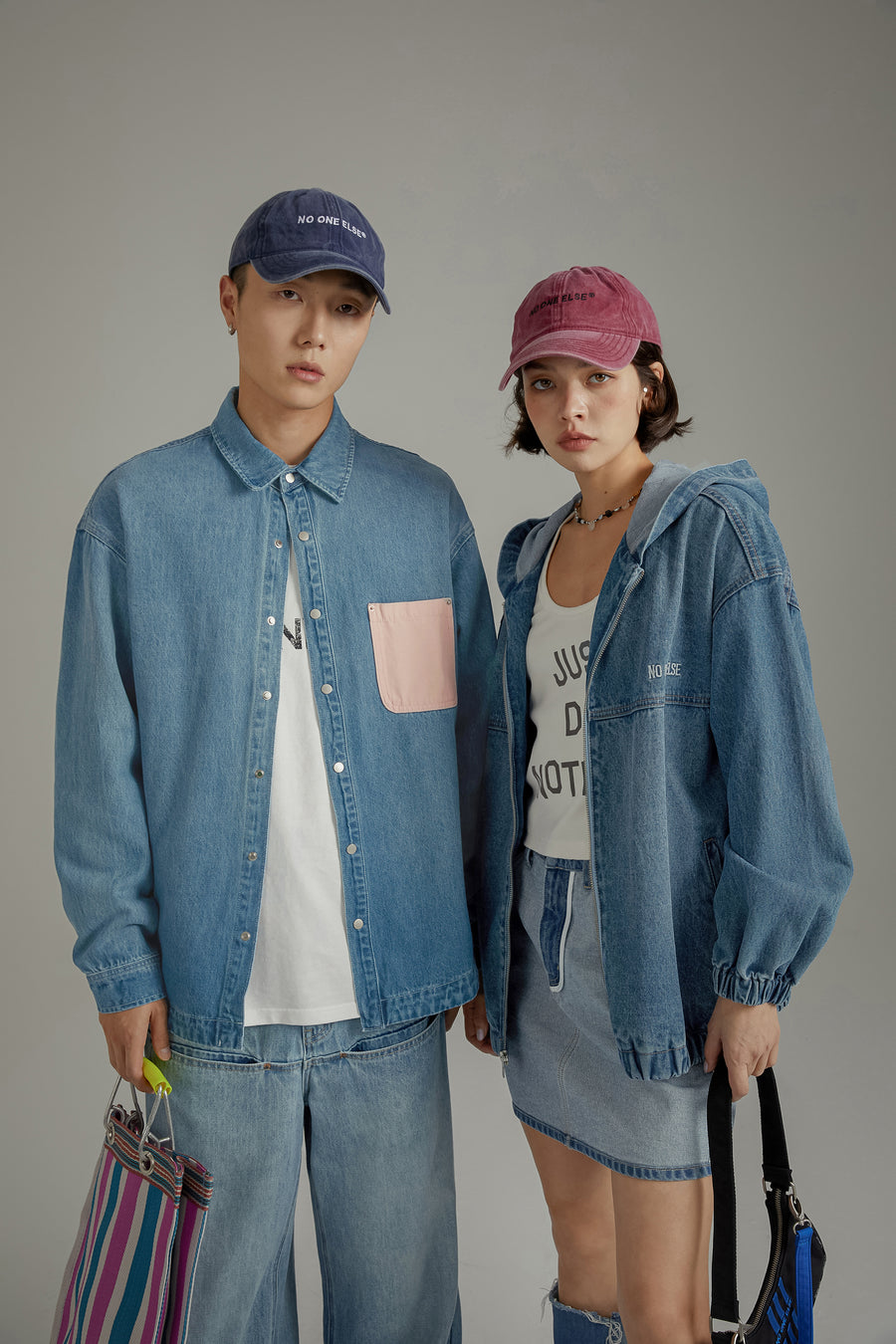 CHUU Embroidered Letter Denim Hooded Jacket