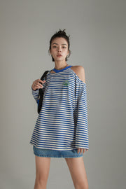 Color One Open Shoulder Stripe T-Shirt