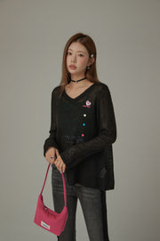 Heart Button Unbalanced Side Slit Knit Top