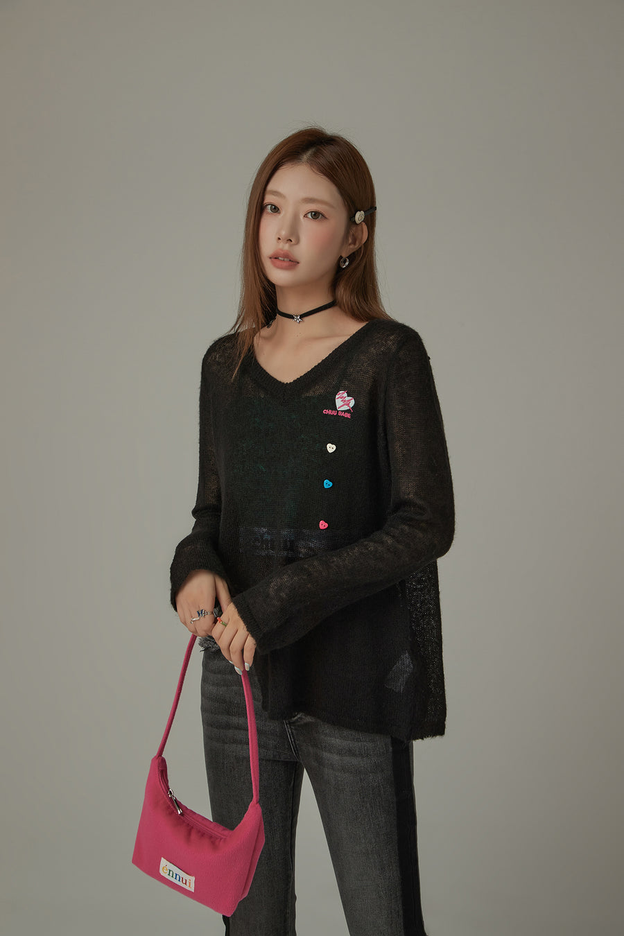 CHUU Heart Button Unbalanced Side Slit Knit Top