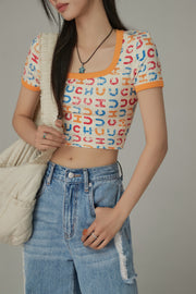 Square Neck Color Chuu Lettering Pattern Crop T-Shirt