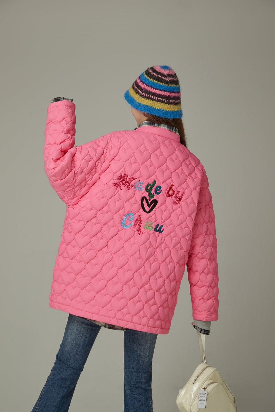 CHUU Rainbow Button Heart Quilting Padded Jacket