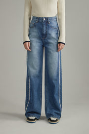 Fringed Lined Wide Denim Jeans