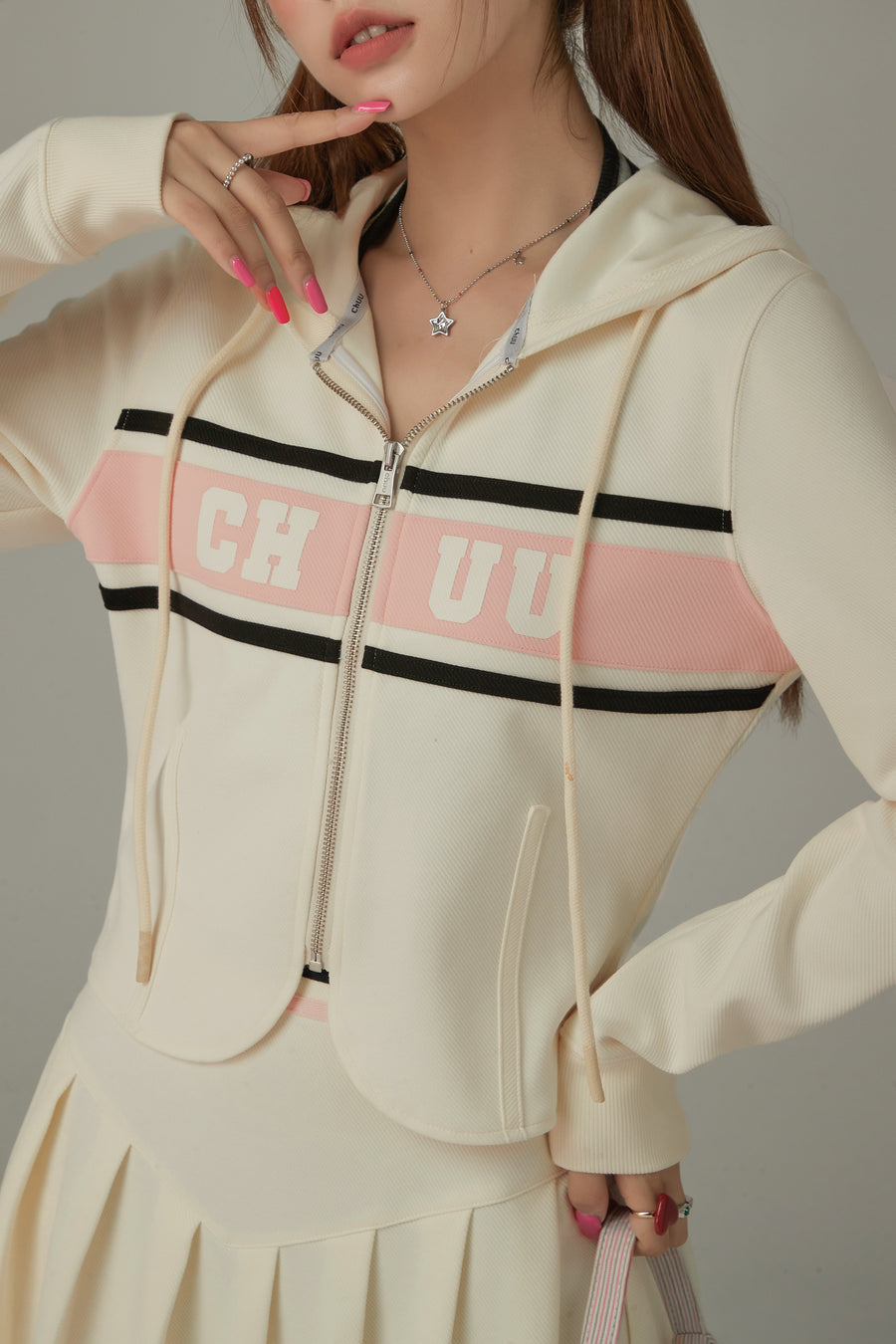 CHUU Logo Sporty Color Contrast Hooded Zip-Up