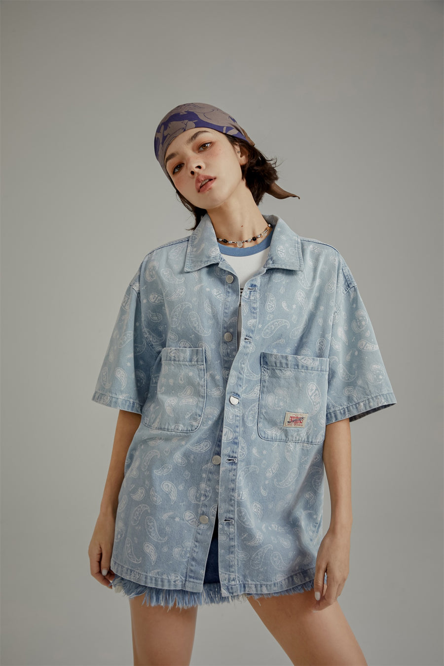 CHUU Logo Paisley Loose Fit Denim Shirt