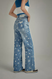 Heart Pattern Wide Denim Jeans