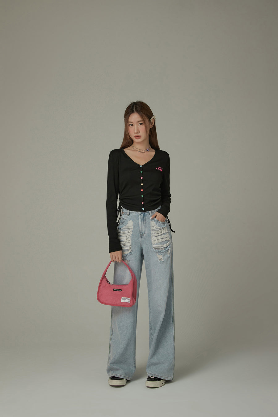 CHUU V- Neck Rainbow Button Logo Tie Up Top