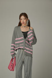 Lettering Striped Knit Cardigan