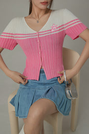 Ribbed Color Blocked Button Short Sleeve Cardigan