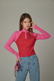 Half Zip-Up Color Knit Sweater