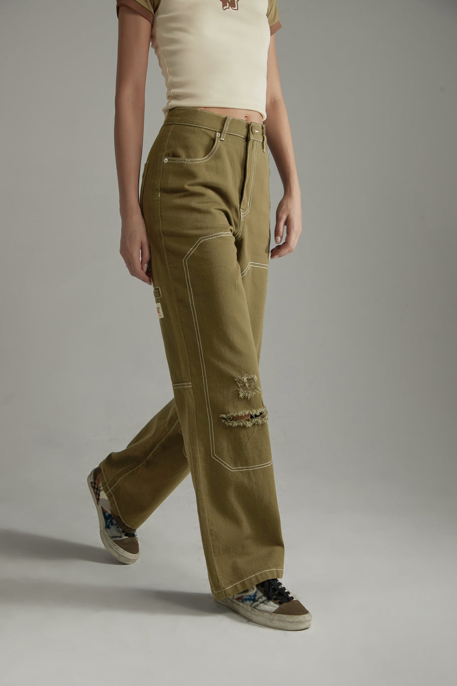 CHUU Distressed Ripped Outlined Cotton Wide Pants