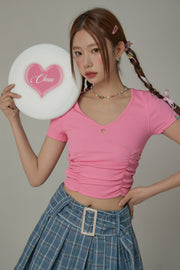 Color V-Neck Heart Keyhole Shirring Crop T-Shirt