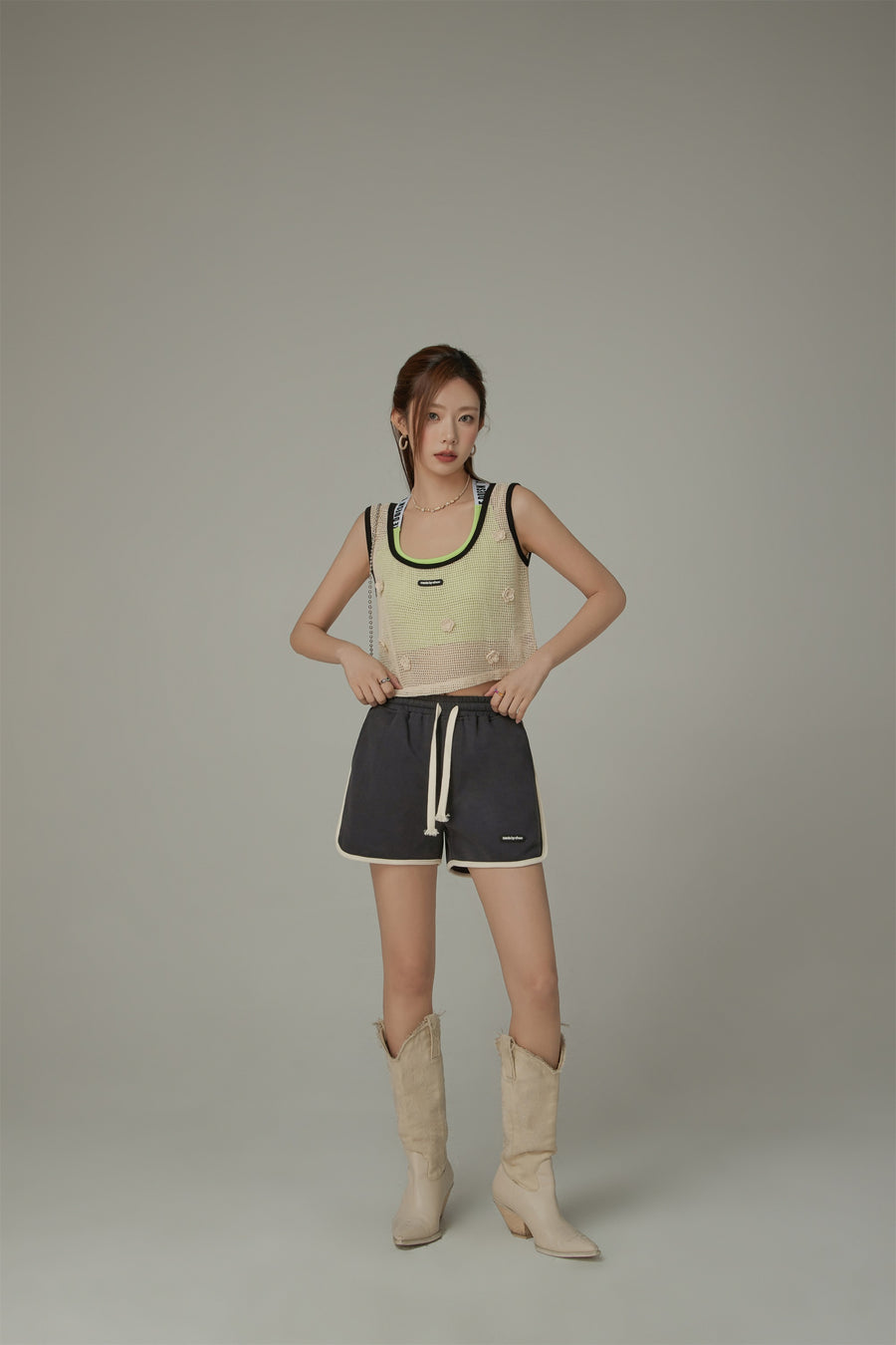 CHUU Crochet Mesh Colorblocked Crop Top