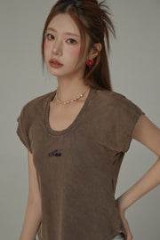 Cherry Embroidered U Neck Short Sleeve T-Shirt