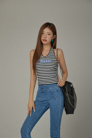 Logo Halter Neck Color Stripe Sleeveless Top