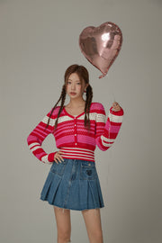 Button Stripe Color Knit Sweater