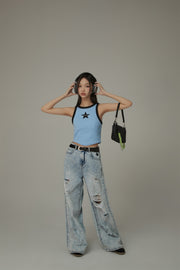 Chuu Star Center Line-Colored Sleeveless Semi Crop T-Shirt