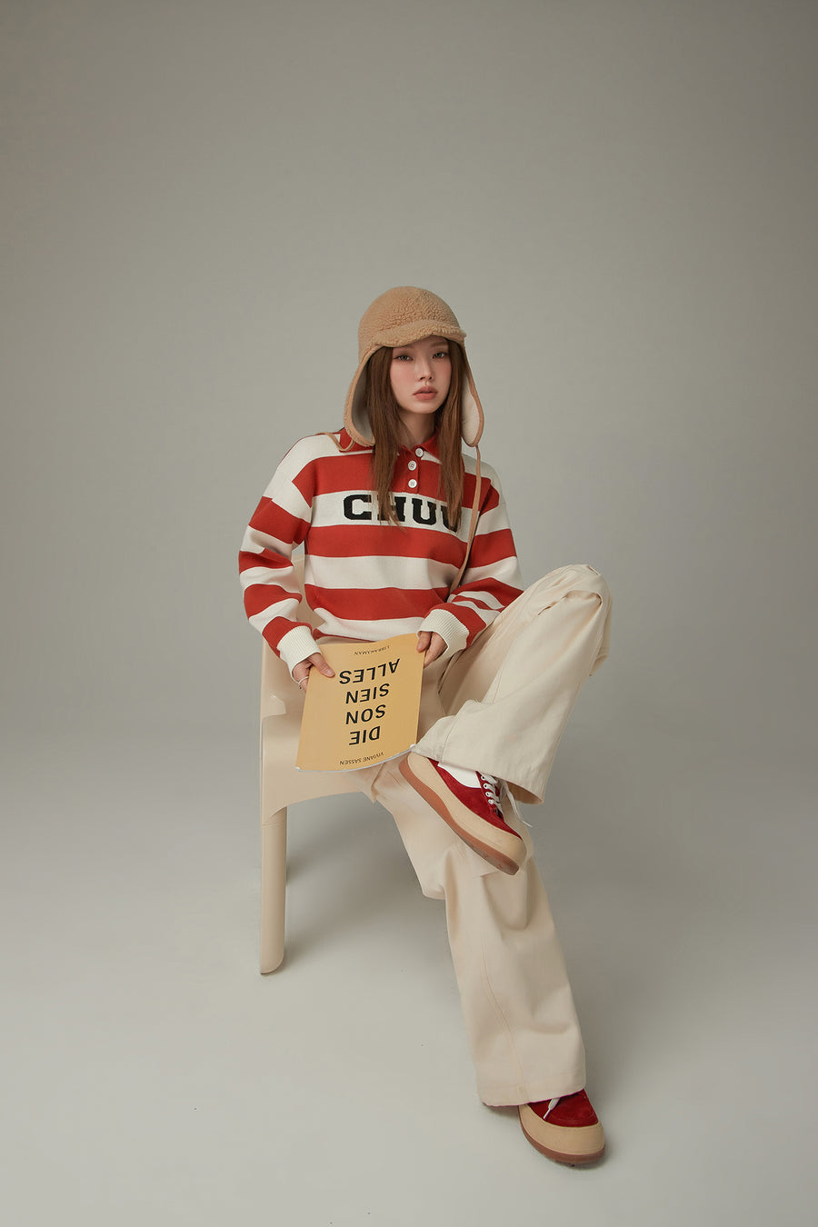 CHUU Polo Neck Striped Knit Top