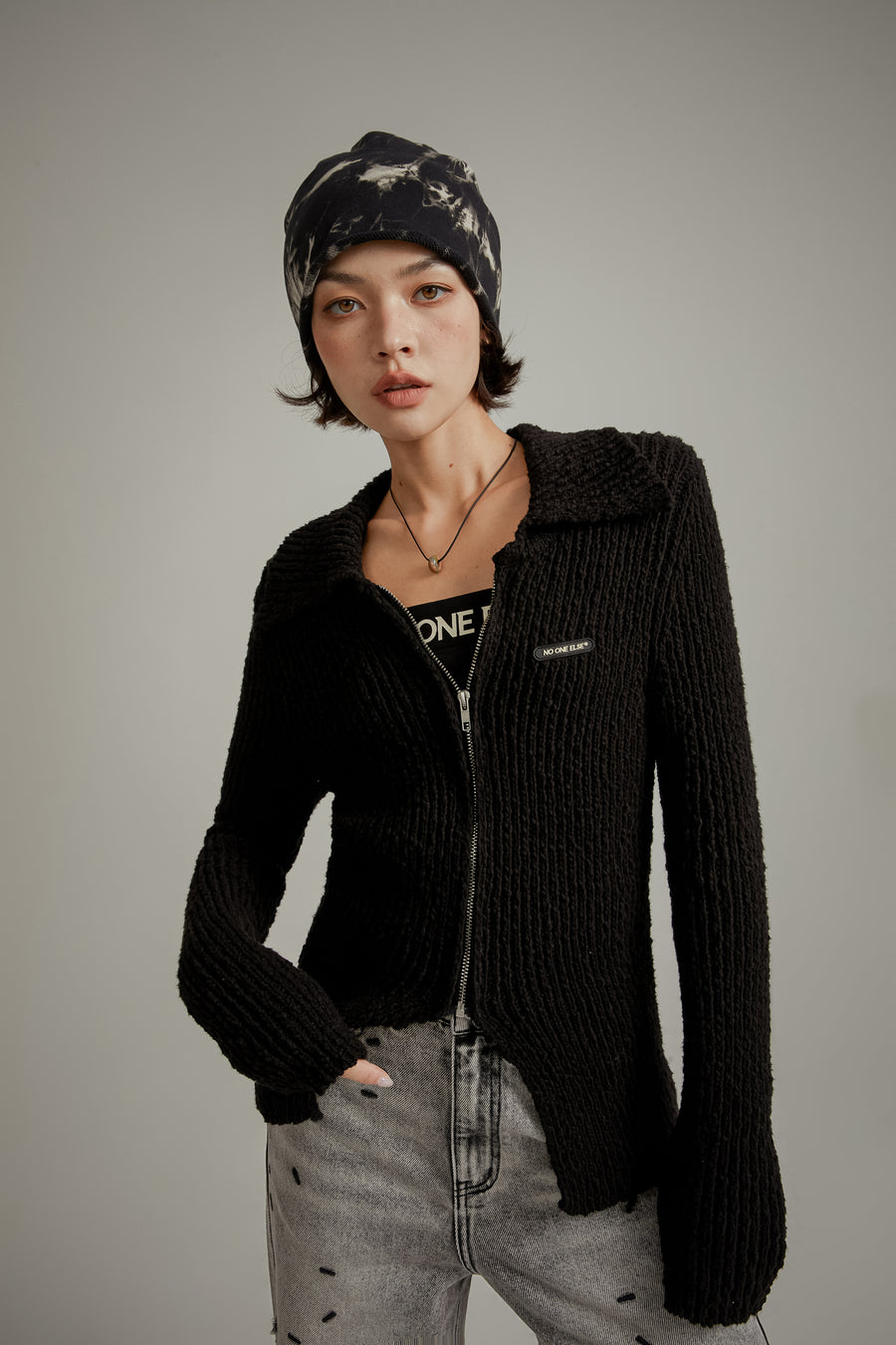 CHUU Simple Ribbed Zip-Up Cardigan