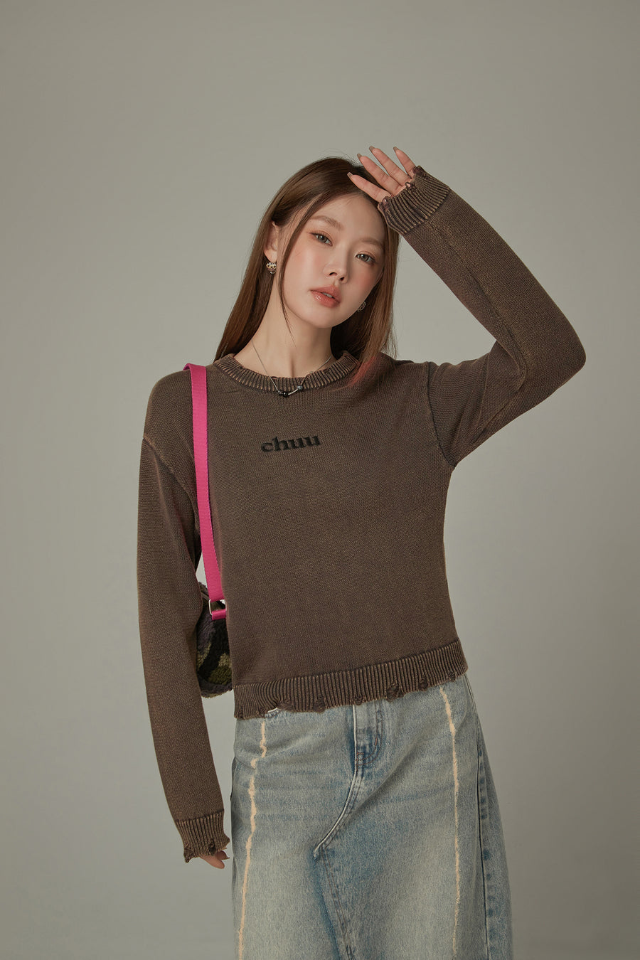 CHUU One Shoulder Cut Out Distressed Knit Sweater