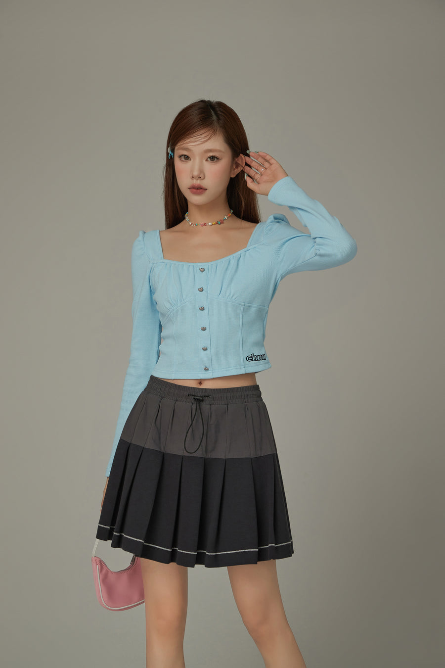 CHUU Heart Buttons Square Puff Sleeve Top