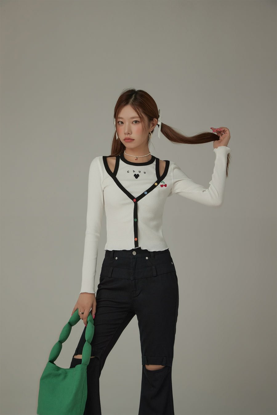 CHUU Rainbow Button Logo Layed Long Sleeve Top