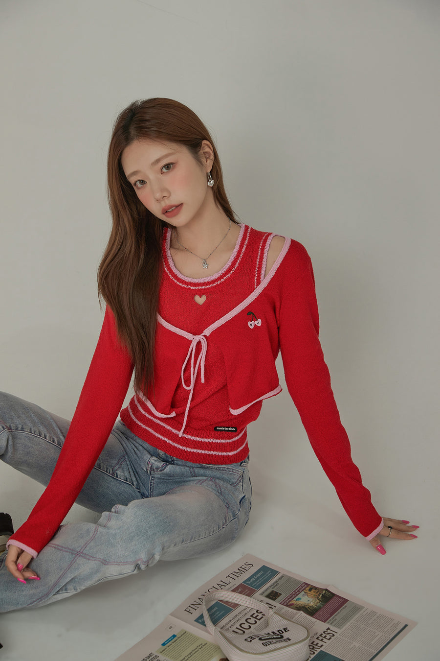 CHUU Little Cherry Embroidered Ribbon Tie Cardigan