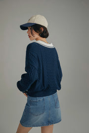 Polo Neck Color Varsity Knit Sweater