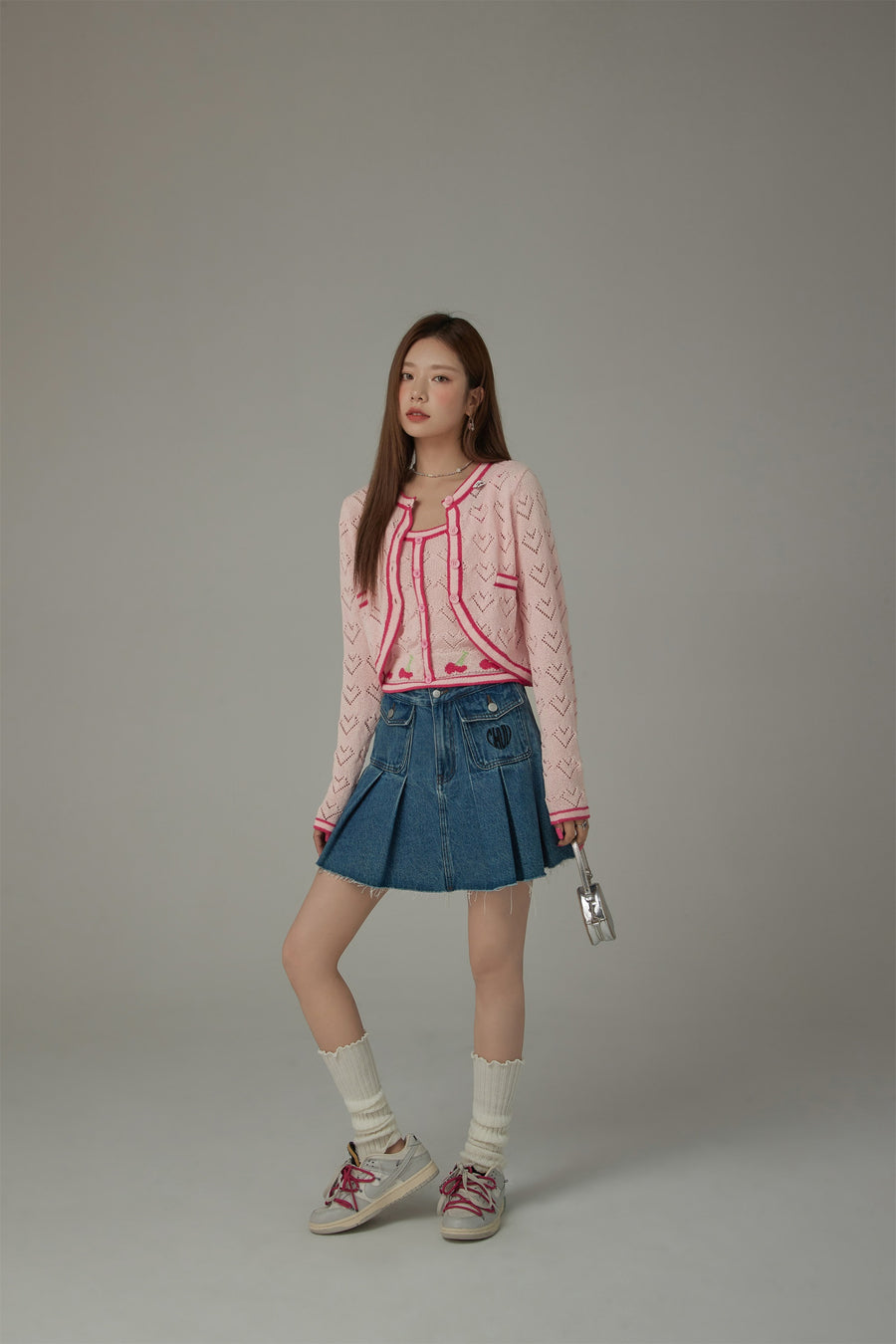 CHUU Dotted Hearts Long Sleeve Knit Cardigan