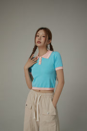 Chuu Babe Color Polo Neck Crop Knit Top