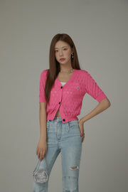 Heart Eyelet Short Sleeves Knit Cardigan