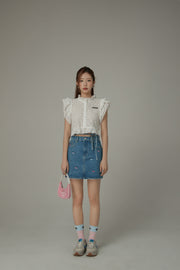 Multi Color Cherry Ribbon Tie Denim Mini Skirt