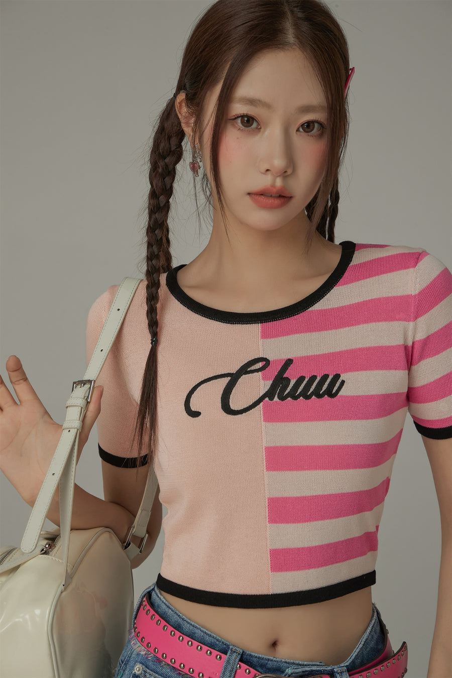 CHUU Chuu Lettering Half Striped Colorblocked Knit Crop Top