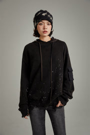 Pocket Paint Splatter Distressed Loose Fit Knit Sweater