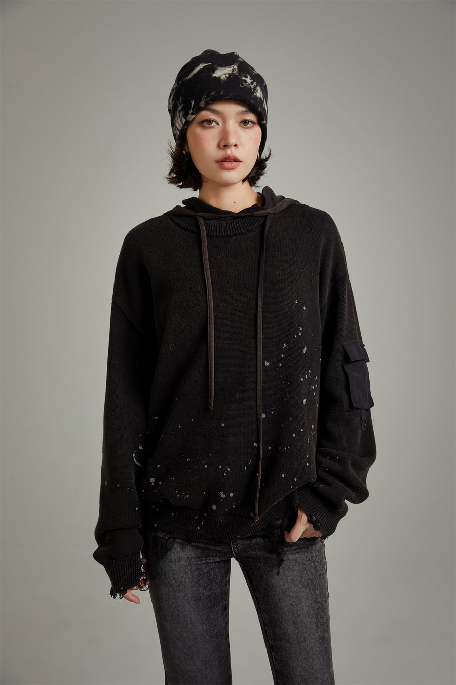 CHUU Pocket Paint Splatter Distressed Loose Fit Knit Sweater