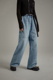 Elastic Waist Washed Wide Denim Jeans