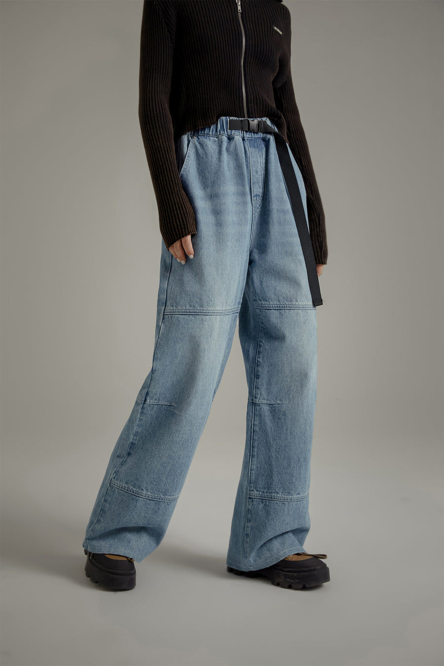 CHUU Elastic Waist Washed Wide Denim Jeans