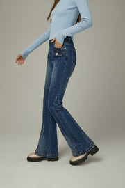 Washed Lined Stitched Semi Bootcut Denim Jeans