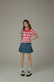 Stripe Ribbon Keyhole Knit Top