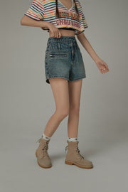 Asymmetrical Button Distressed Denim Shorts