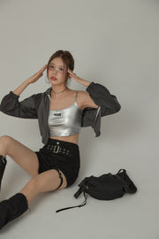 Hot Girl Sleeveless Slim Shiny Crop Top