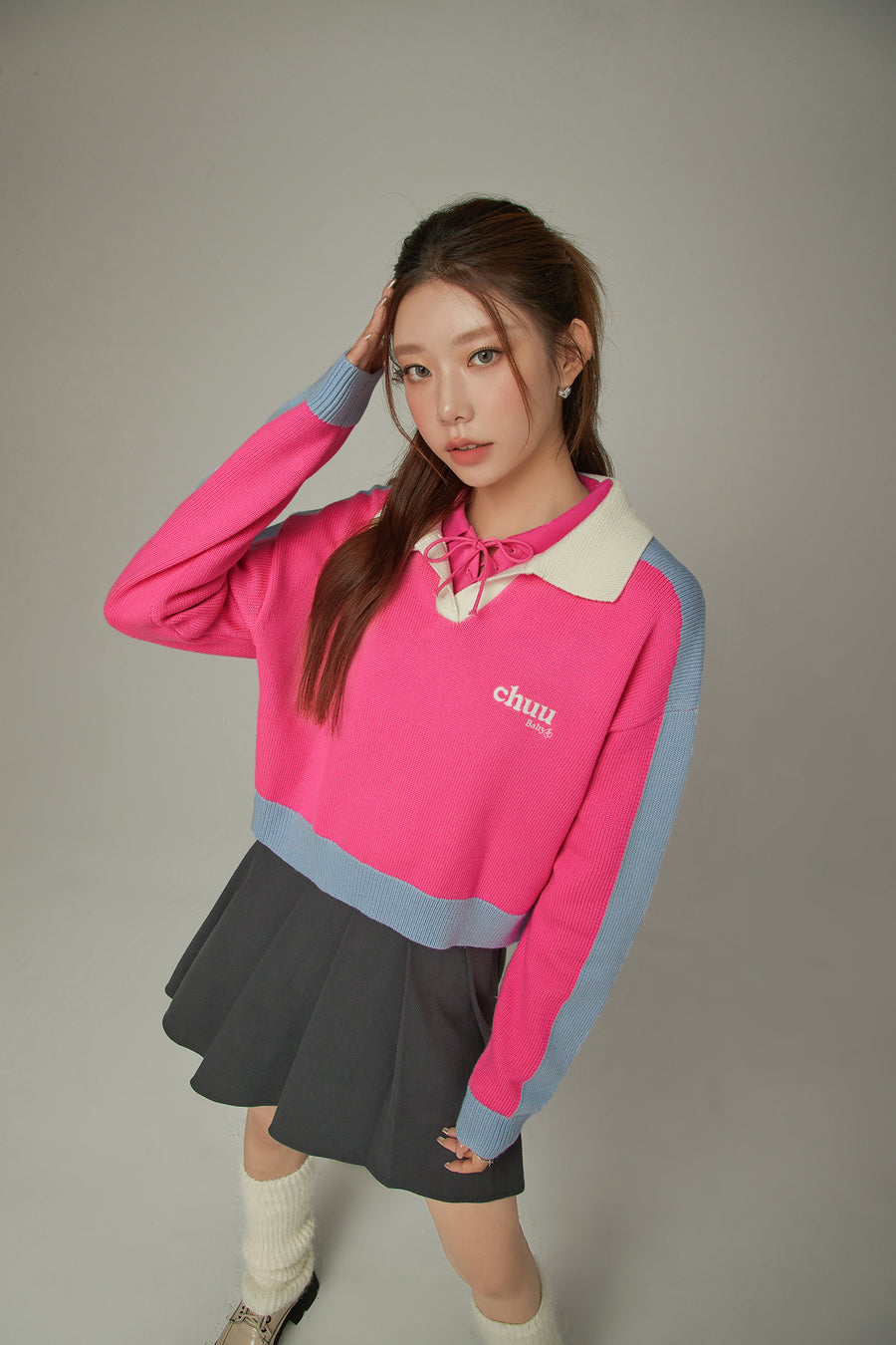 CHUU Open Collar Color Knit Sweater