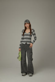 Color Matching Stripe V-Neck Slim Top