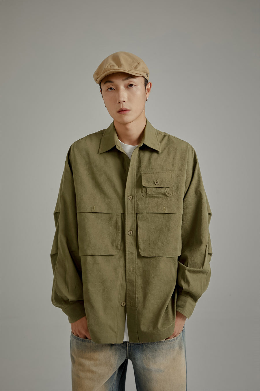 CHUU Solid Color Pocket Oversized Long Sleeve Shirt